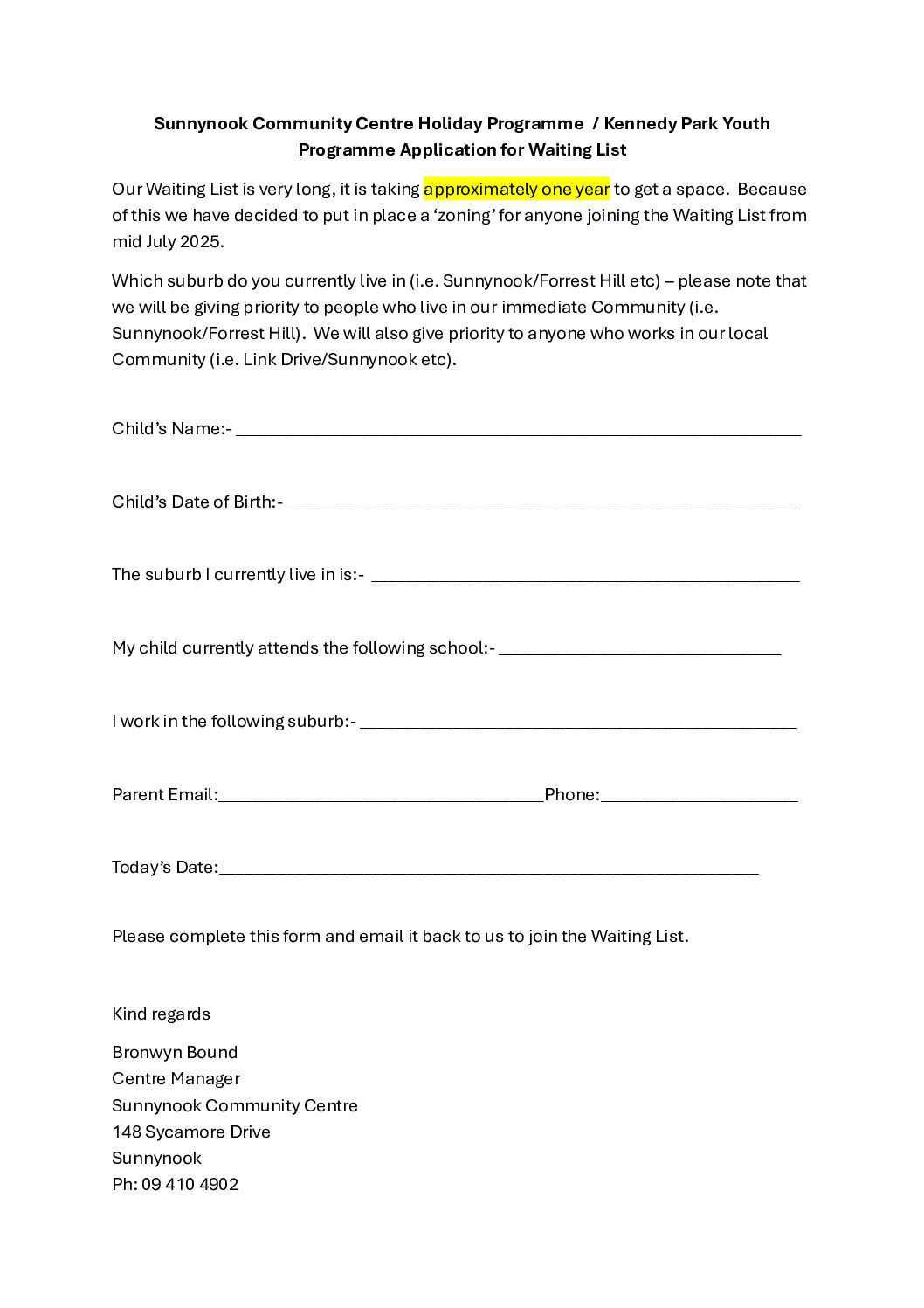 Application for Waiting List SCCHP 2026